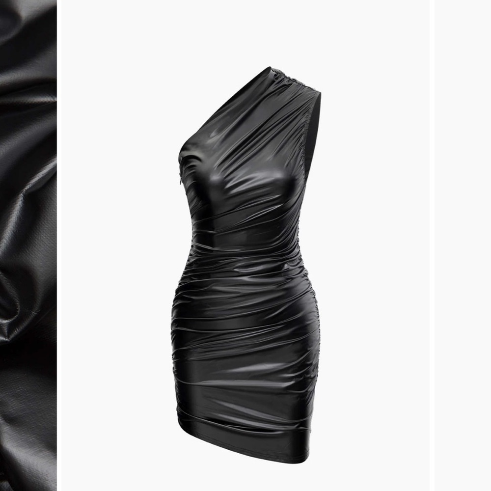Faux Leather Asymmetric Ruched Dress